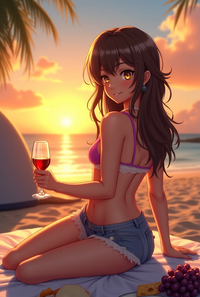 Oshi no koi's Miyako Saitou in sexy bikni on beach
Holding glass of wine