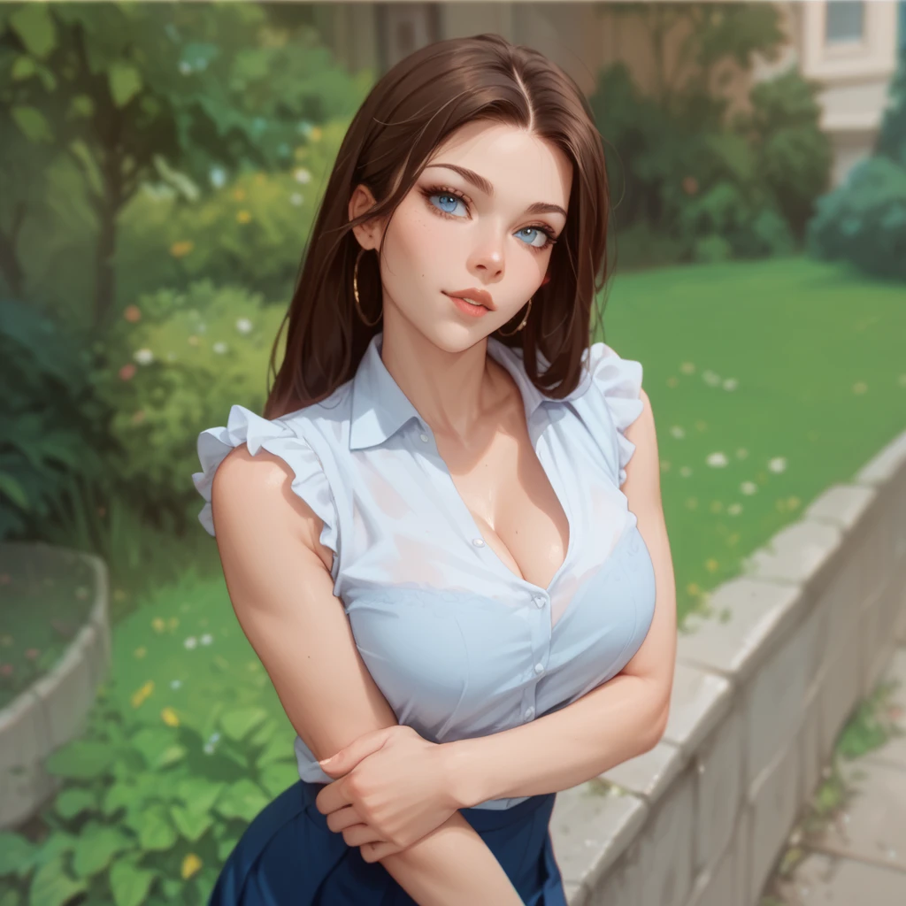 (Ultra Real), (Illustration), (High Resolution), (8K), (Very Detailed), (Best Illustration), (Beautiful Detailed Eyes), Brazilian girl wearing men's business shirt unbuttoned and exposing one nipple, 20 years old, (small perky breasts:1.1)