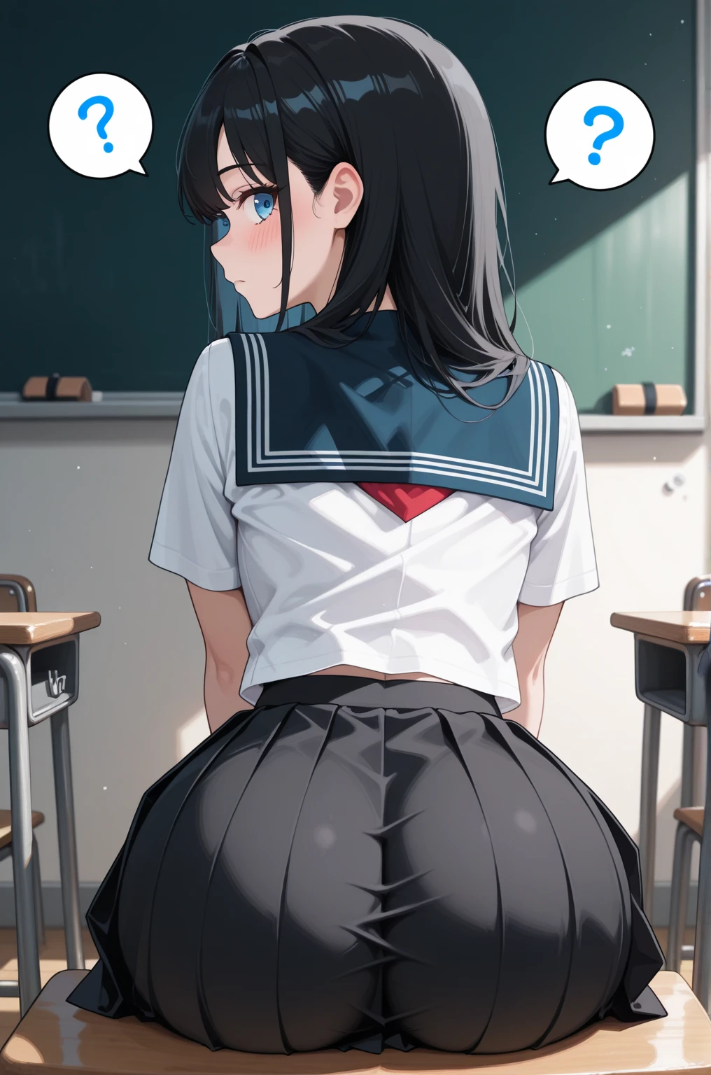 nsfw,alone, (One girl), Elementary school girl,8-year-old, ((Pink Panties)), (wearing only the top half of sailor school uniform),sexy, (Cowboy Shot),  ((arms behind back)), classroom, With a girl：Her hair is long and black, Her face is round and cute, Black Hair, Low twin tails,Shy, Embarrassing,from below,from the front,Wet,,(pussy juice),(squat),