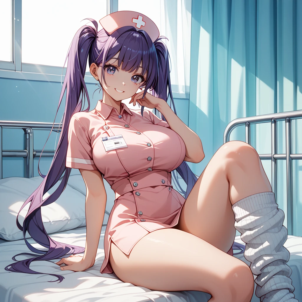 angle from below、Two girls are depicted、Looking down on the viewer、colorful hair、beautiful girl、highest quality、laughter、beautiful girl、masterpiece、High-definition images、sitting on the viewer's waist、The belly button is visible、Nurse Uniform、cleavage exposure、Thigh emphasis、see-through clothes、crawl on all fours、sticking out one's hips、on the bed
