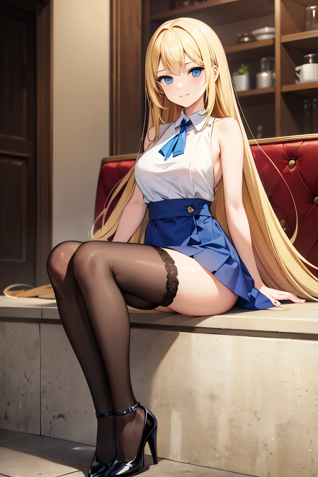 (obra de arte:1.2), (melhor qualidade:1.2), Olhos perfeitos, rosto perfeito, perfect lighting, barefoot, blonde hair, blue eyes, feet, hair ribbon, legs, long hair, looking at viewer, open mouth, ribbon, school swimsuit, sitting, summer, swimsuit, twintails