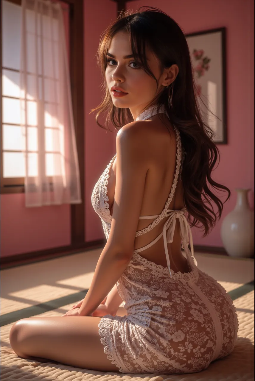 Dark brown hair、Light brown eyes、Japanese actress、 Lady、I am about 40 years old..、(Intricate details:1.2)、(Which one is on top??:1.4)、 (Ultra-high resolution:1.2)、Ultra-high resolution、(Finely tuned)、(Detailed facial features)、Hmph、8K resolution、D cup size breasts、Long Hair、Blocks sunlight and shade、A balcony with a resort feel、Pink flowers are decorated in the background、Pink flowers blooming in a resort area、Decorate your ears with deep pink flowers、white wall、white floor、Full body photo、Head to toe shot、Beautiful legs、white One piece with a wide open back、Blackpink Jenny 私 took this photo with the image of、Beautiful legs、she, Fashion Hub, Extreme Detail, Very detailed, Realistic, Hourglass-shaped body, Obscene pose、Lift your chin a little、Please open your mouth a little、Poses that make you feel weak、Are crying、Deep sorrow、Leaning weakly against the wall、