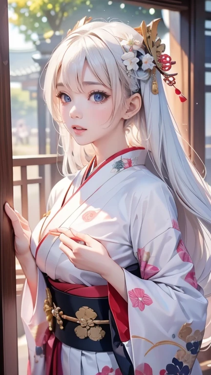8K quality、highest quality、table top、Super high quality、super detailed、Super realistic hair texture、Beautiful woman in bright colors、beautiful long hair of silver color、shiny hair、fine hair、Twintail、red eyes、shiny skin,modest chest、Sweat on the forehead and cheeks、off-shoulder yukata、embarrassed look、soft pink lips、Super realistic flesh feeling、red cheeks、summer festival in background、Full body Esbian、sexy shot、Japanese culture