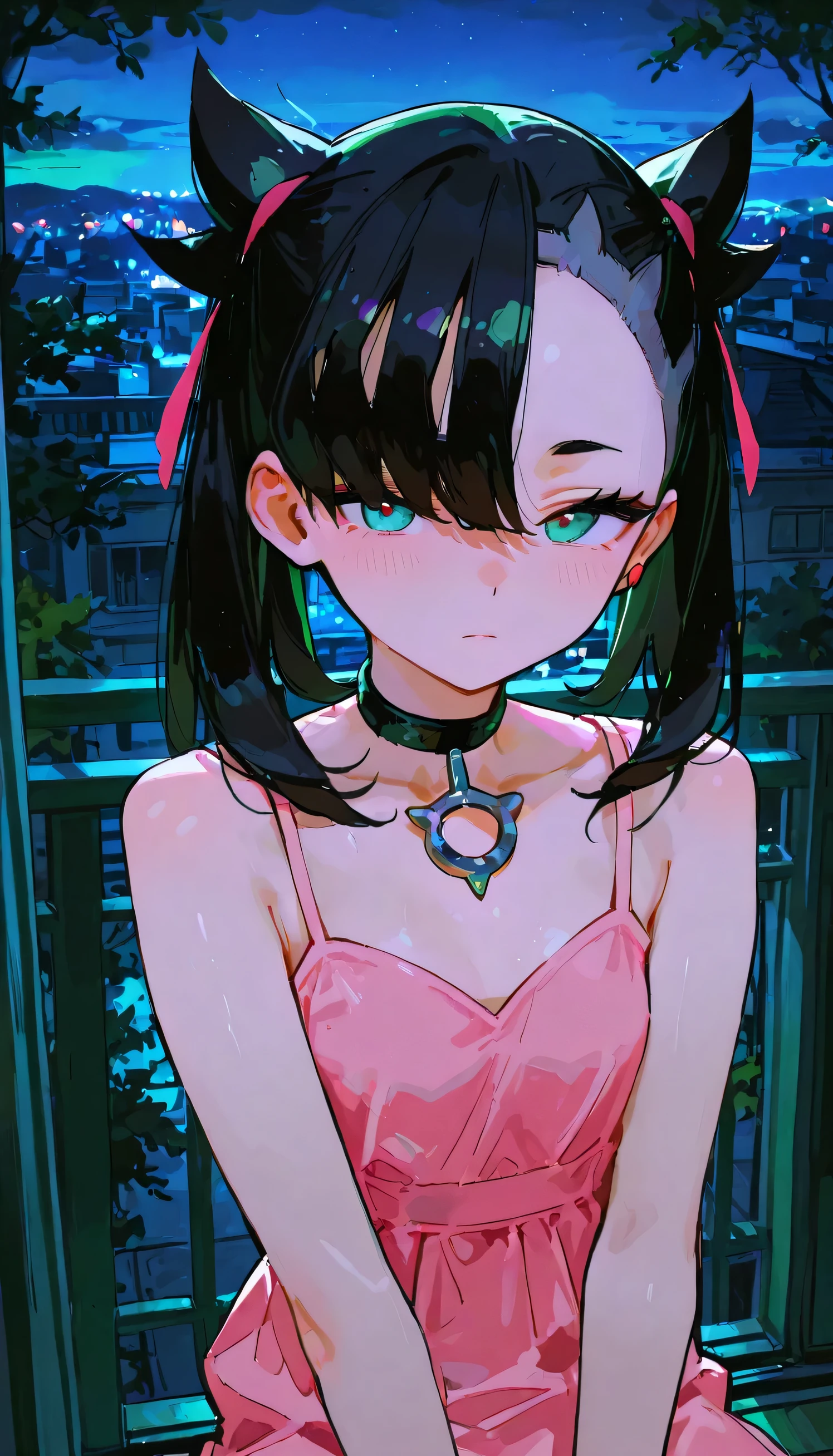 masterpiece , best quality , amazing quality , Detailed Eyes , very aesthetic , high resolution , newest , hyper-detailed , 1girl, anime screencap grinning , flushed , assymmetrical bangs , black hair , marnie, The lower part of the pupil is green and the upper part is blue , The inside of the pupil is green, pink dress , night view with sky , Looking straight at the viewer, sakura trees