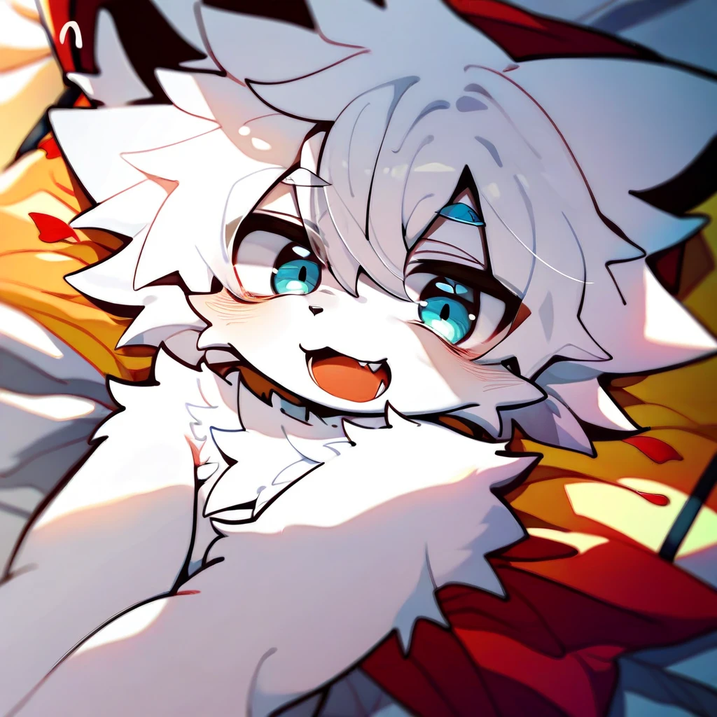 A man with a white tiger, a sky-blue striped tiger pattern, a long tiger tail, a yellow left eye, a sky-blue right eye, blue eyebrows, sky-blue hair, long hair, eyes closed,white,naked,tatami room background,serious expression,South Korea,penis,painful,blow job,tears,oral,Stroking,cum on