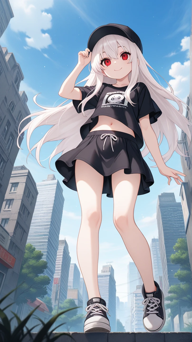 masterpiece, best quality, absurdres, perfect anatomy, 1girl, solo, Irisviel von Einzbern, medium breasts, long hair, baseball cap, graphic tee, denim shorts, black pantyhose, pantyhose under shorts, sneakers, sitting, stairs, outdoors, city, dutch angle, smile