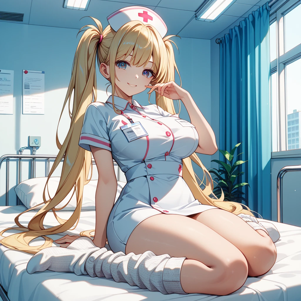 muste piece, best quality, 1 female, beige hair:1.5、long wavy hair、side swept bangs、solo、Sexy Nurse、{{one tone background、 background:1.8}}、Sit down、Full body Esbian、bulging chest、Call girl with a bewitching smile、