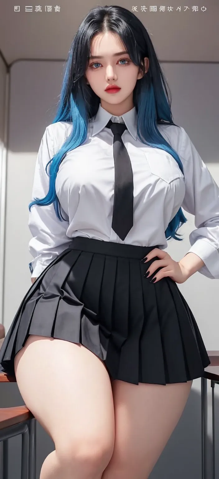 face to face, crouch, hands on things, long hair, boot, full body, blue hair, high ponytail, (ultra detailed light blue eye color 1.2), masterpiece, (shiny skin1,4), blushing face, seductive smile, bright eyes, dark lips, full lips, beautiful face, hd, dynamic angle, from above, curvy hips, slender body, perfect hands, long beautiful nails, thick thighs, big butt, big breasts, unbuttoned shirt, pleated skirt, knee-high sports socks, suspenders, shoes, detailed background, director's office, shot from above, full HD, 16k.