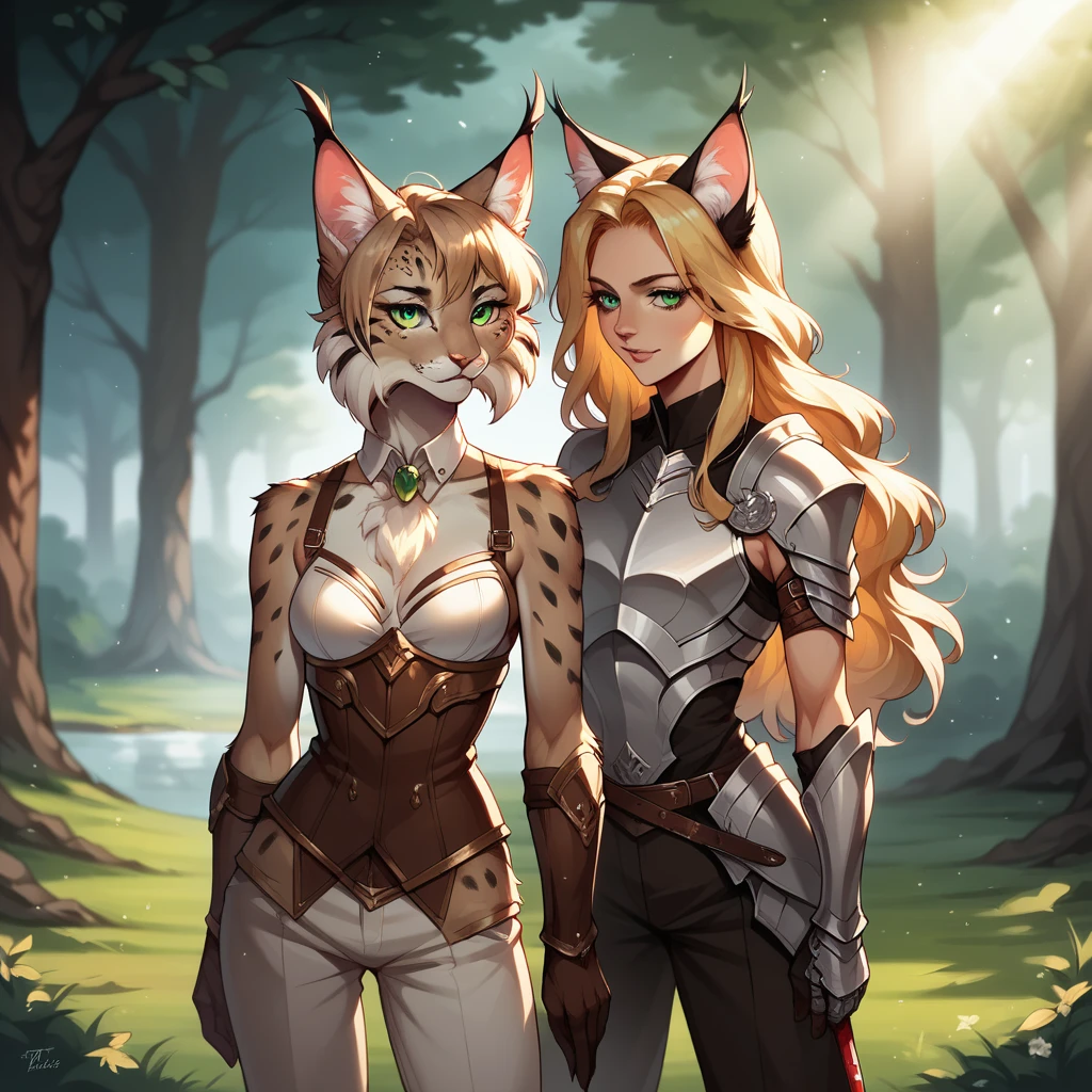 masterpiece,best quality,1girl,solo,piratetawna,two-tone hair,ear piercing,detailed eyes,furry,short hair,green eyes, short jacket,cleavage,crossed arms,looking at viewer,smile,forest,cartoon style, cute, (breast:1.2) full body picture, thick thighs