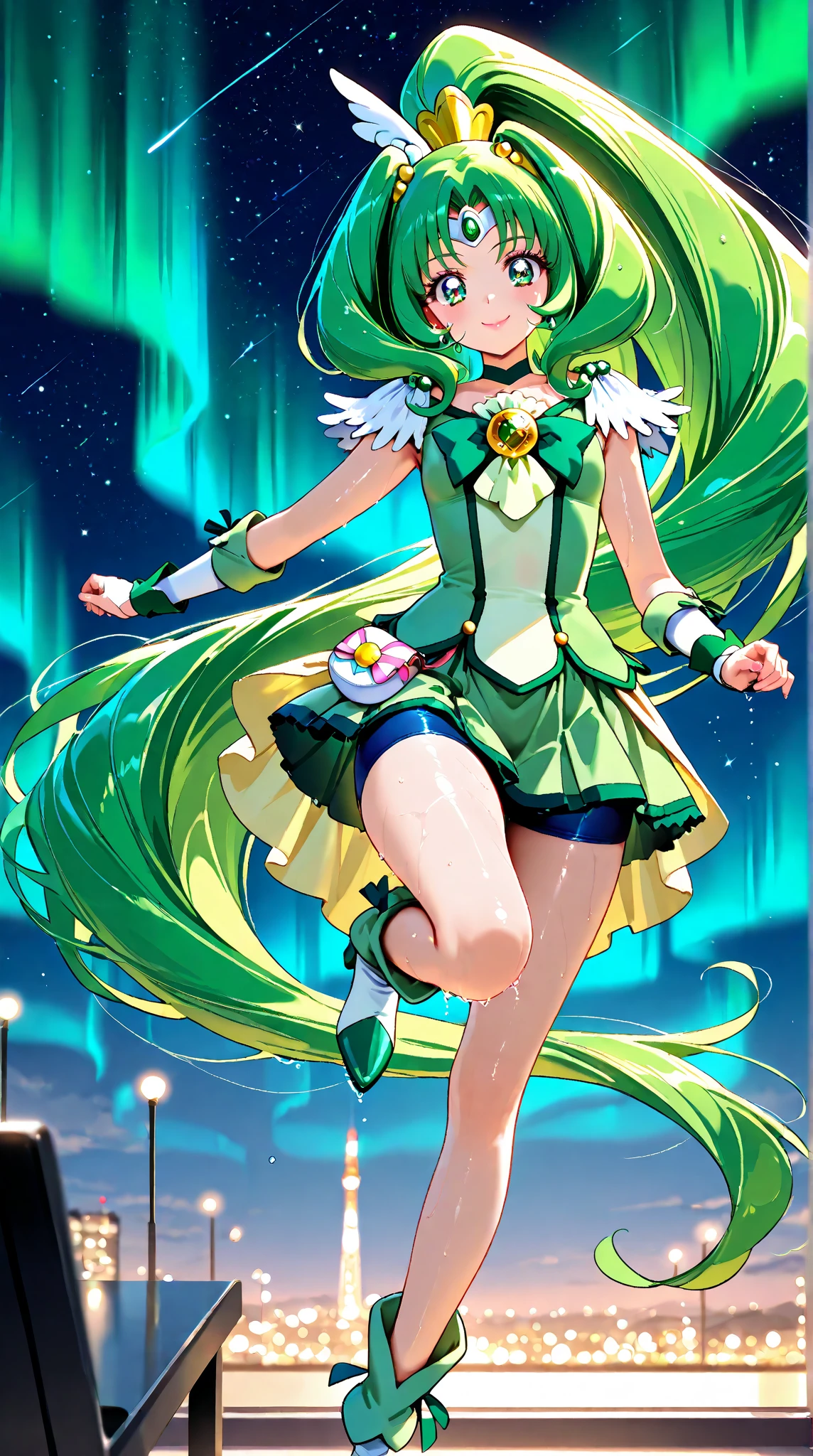 (solo, 1girl), (absurdres, ,highres, official wallpaper, poster), (masterpiece, best quality:1.2), (illustration, realistic), (perfect details, highest detailed, extreme detailed), dramatic light, <lora:starguardianlulu:1>, starguardianlulu, (white thighhighs, elbow gloves, hair ornament, star \(symbol\), star guardian \(league of legends\), star \(symbol\), green hair, tiara, bowtie, chest jewel),(starry sky, mountain, waterfall, lake), (skirt, blue dress), (standing, seductive smile, blush, heart-shaped pupils)