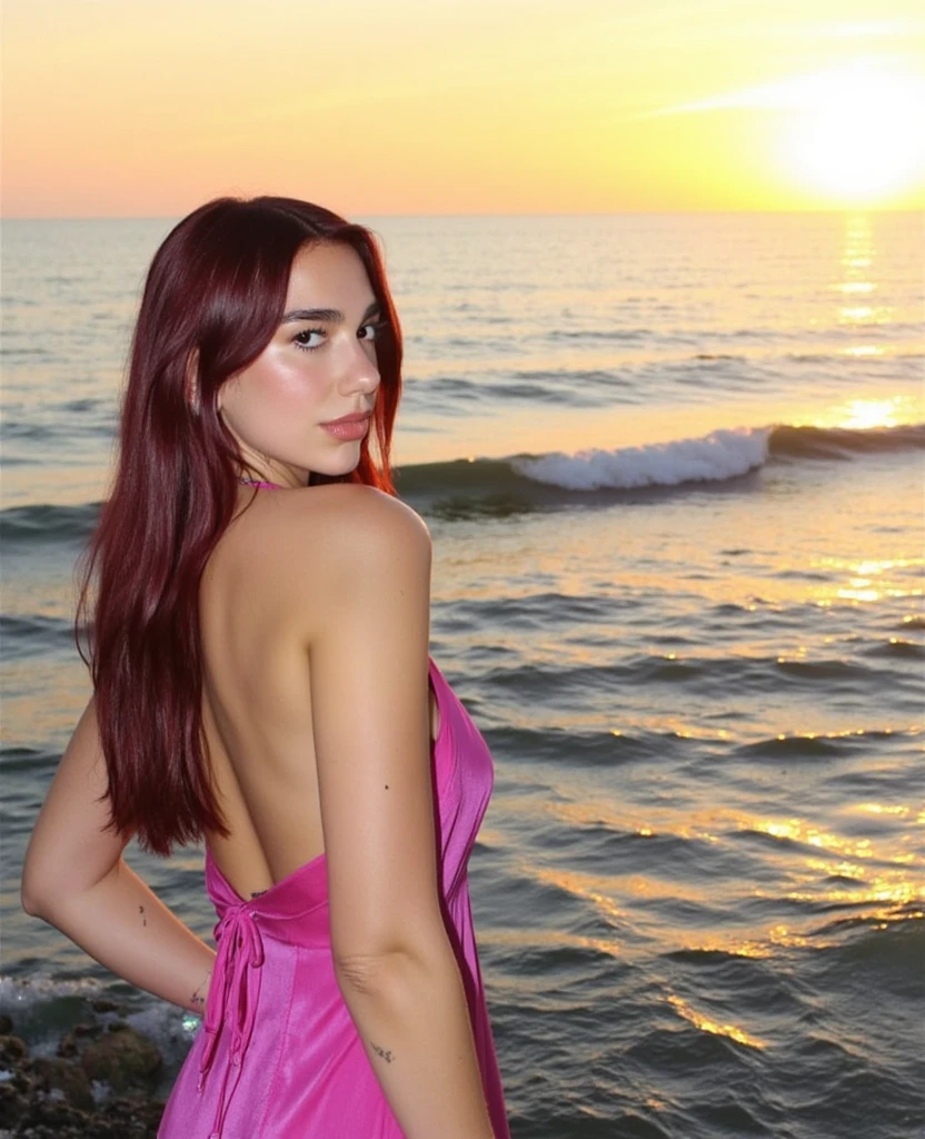 nordic young woman, cute face, seductive, best quality, masterpiece, Off-shoulder V neck nurse uniform, golden hour, detailed textures, long braded hair, Standing on floor, looking at camera, posing, intimate pose, Beach, exterior, [blush], aesthetic, intricate, caustics, light rays, sunlight, (((soft lips))), (((glossy lips))), highly detailed, (semi-realistic:1.2), niloudef, red hair