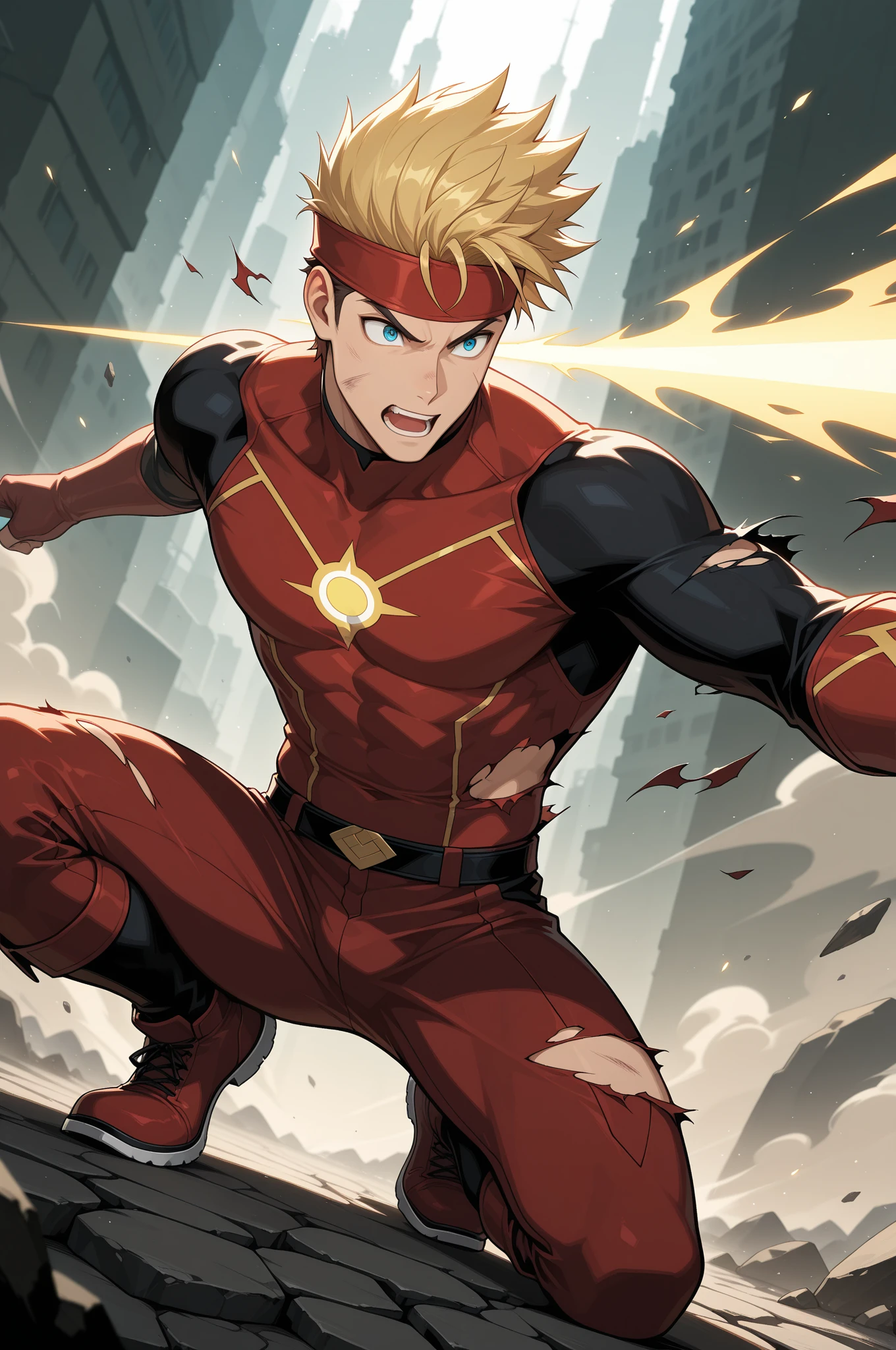 (anime style) meteor, bokeh ,an extremely muscular masculine superhero in a meteor shower, falling from sky like a burning Comet wrapped in blue flame superhero flaming fall angel