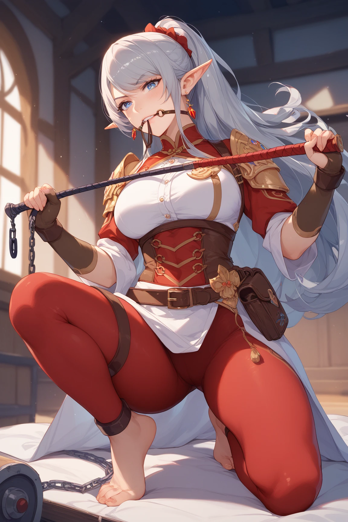 Girl. A world of swords and sorcery. Wizard. White underwear. Wearing glasses. Miniskirt. All fours. Opening the crotch. Garter. Big tits.