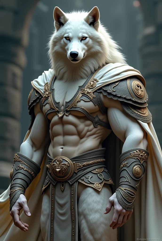 Solo, male, albino kangaroo, in one color tone, with long ears, in gold gladiator shoulder cape, navel showing, in fancy gladiator leather thong, chest, big chest view, ((focus body, furry focus, shades focus, body shades)) (((gray background, gray wallpaper, one color))), by darkgem, by mystikfox61, by glitter trap boy, albino, all white fur, red eyes, pink nose, navel, bulge, full body view, kangaroo tail, no abs, flat belly, front view, looking at viewer