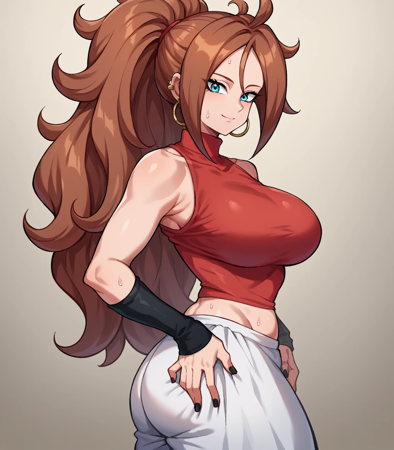 Processus, cheveux orange, grosse poitrine, cheveux longs, cheveux vivants, , seul,, Muscular girl, Grande femelle, sourire, full body, pants, vest, berserker, warrior, revealing cloths, amazone, tribal clothing,kimono, monk, bear ears, portrait