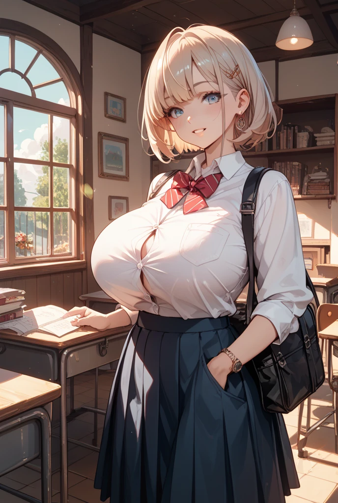 loose school uniform is sheer, button gap,(covered nipples:0.95),breasts,red white gold uniform,(side-tie peek:1.5),(button gap:1.5), white skirt, white top, red ribbon, golden buttons, golden shoulder pats, young adult, 19 years, blonde hair,half updo hair, brown eyes, beautiful brown eyes, big breast, striking body curves, horny smile, pink lips, tiny girl, cute pose, masterpiece, classroom background, school