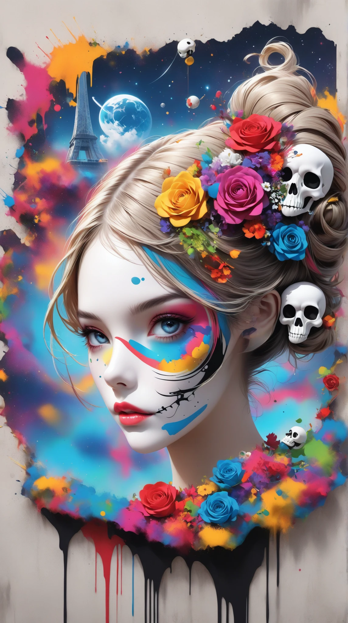 in style of American McGee,in style of David Sims, 1girl,protogen visor ghostwhite,Profile，90 degree tilt of neck，Face up，Oblique composition looking at viewer，
A kaleidoscopically swirling fusion of psychedelic, surreal, and otherworldly elements dominates this digital collage masterpiece. Envision skulls and mushrooms intermingling seamlessly in styles reminiscent of Alex Grey and Gustave Dore. The image, possibly a digital painting, exudes an ethereal quality with its intricate details and vibrant colors. Every corner of the composition bursts with creativity and depth, showcasing the impeccable skill and vision of the artist.