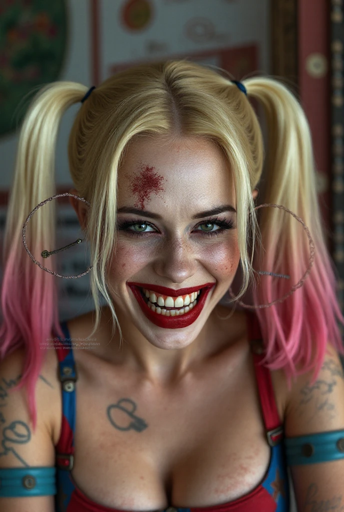 Joker wild hair detailed, smiling perfect skin, dentes pontudos, scary face