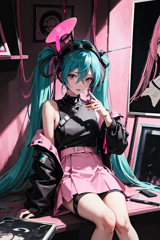 High quality painting, masterpiece, Miku Hatsune, big blue eyes, shiny material fabric, glossy hair, sitting on a chair operating a computer,