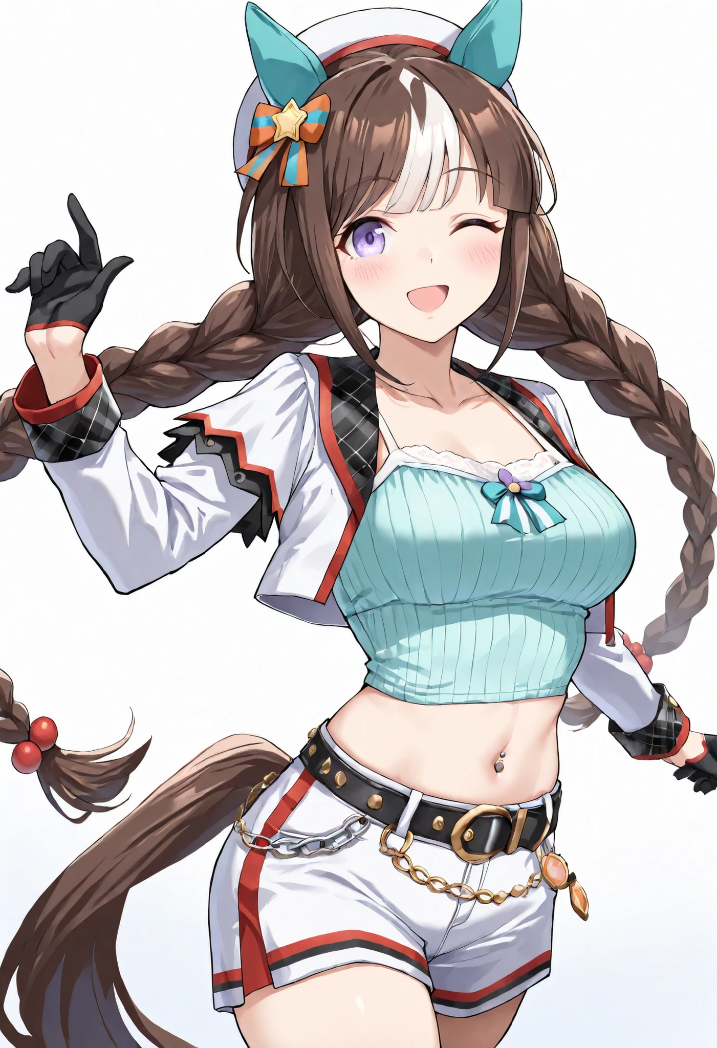 (masterpiece, best quality, perfect face:1.4), wide angle, hokko tarumae \(umamusume\), 1girl, horse ears, ear cover, swin braids, hat, horse tail, tail on the lower back, proportional body, proportional, beautiful hair, beautiful face, beautiful detailed eyes, beautiful clavicle, beautiful body, beautiful chest, beautiful thigh, beautiful legs, beautiful fingers, looking at viewer, hadegalchainbelt, large o-rings, chain-belt, black cropped jacket, camisole, white shorts, navel piercing, BREAK, blush happy smile (open mouth), one eyed closed, textured skin, realistic skin, HDR, BREAK, good hands,