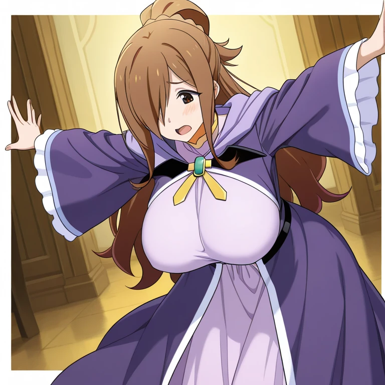 (best quality,8k,high-resolution,masterpiece:1.2),ultra-detailed, anime art style, dynamic angle, detailed brown hair, detailed eyes,wiz,1 girl, solo, adult style, large breasts, soft expression, long hair, ahoge, side lock, hair covering one eye,(western style party dress, glitter, hair accessories, earrings, party venue:1.3)