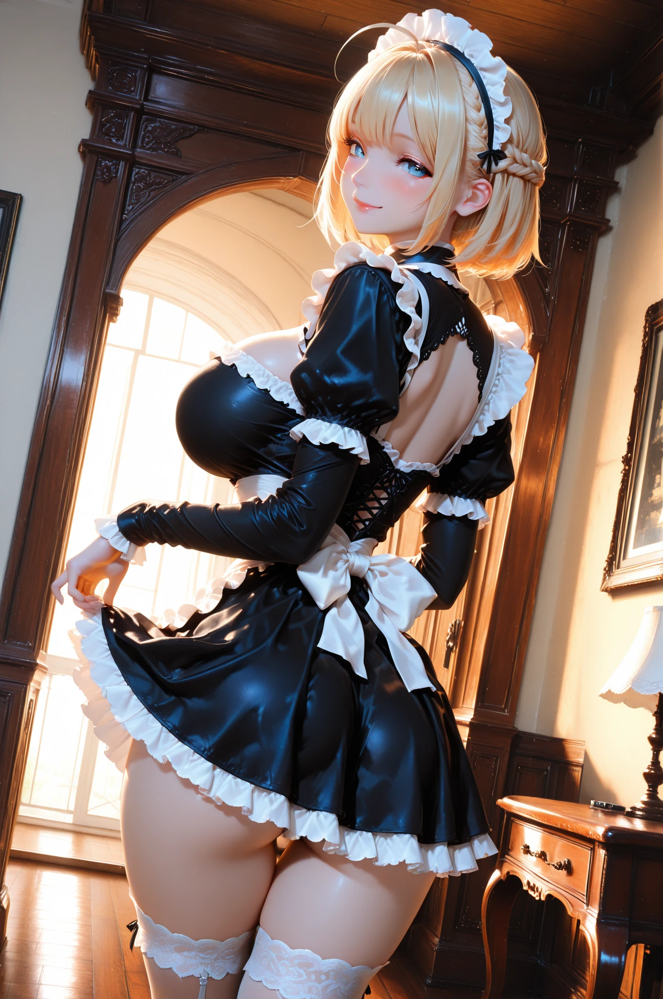 Masterpiece, best quality, 1girl, woman in  black lingerie, standing on a bed, ((arms behind back)), looking down, busty, small waist, large hips, blonde,  blushing, maid cap, from below, camer filming upward