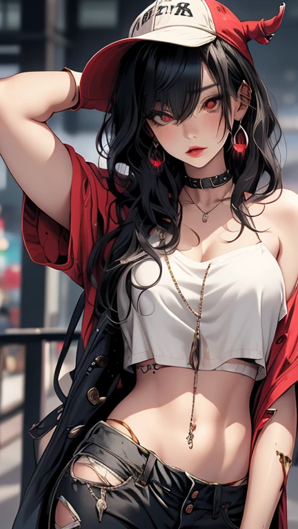 最high quality、best image quality、masterpiece、age girl((18-year-old、 by becoming、vest bust、medium bust,wide open breast tea、black eye, black hair、long hair、thin,highest valley、cute makeup、punk clothing、best smile、Red Face Paint、distressed jeans、distressed jacket、black sports bra、model pose、Crouching posture)),high quality、beautiful art、background((Large white room、white luxury convertible car)),pieces fly、Depth of written boundary、movie、visual art、perfect art、