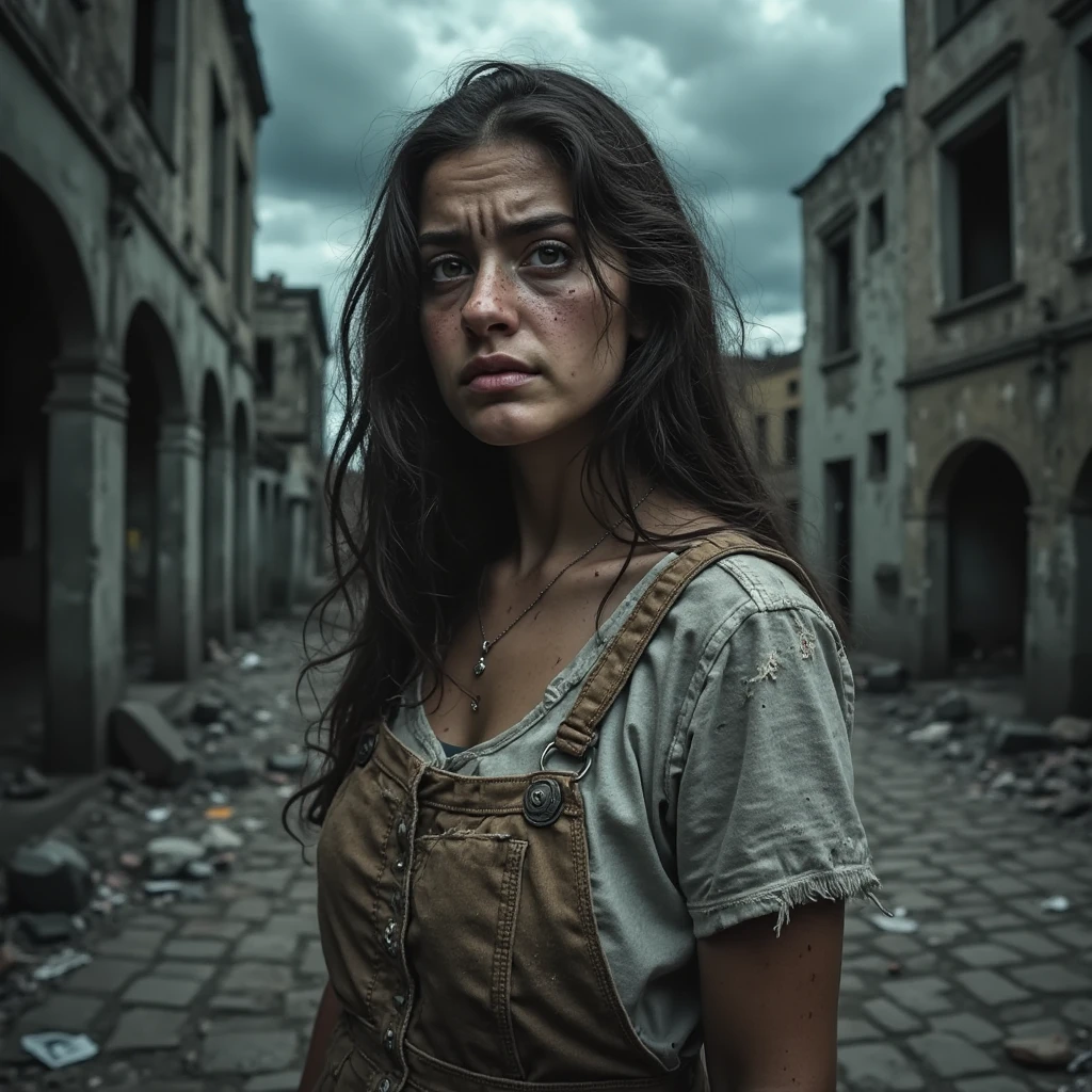 (3D:0.5,realistic:0.5,photorealistic:0.5),(absurdres,Super-resolution,masterpiece,best quality,finely detailed,absurdres:1.2), dramatic light, dramatic illumination, cinematic, post apocalyptic New York City street with crumbling buildings and ruins all around, a beautiful young girl that has been weathered from the events wearing worn tattered clothes, with the look of desperation with a hint of hope in search of a better future, picking up a small cross necklace, extremely high detail of the ruins and clothes
