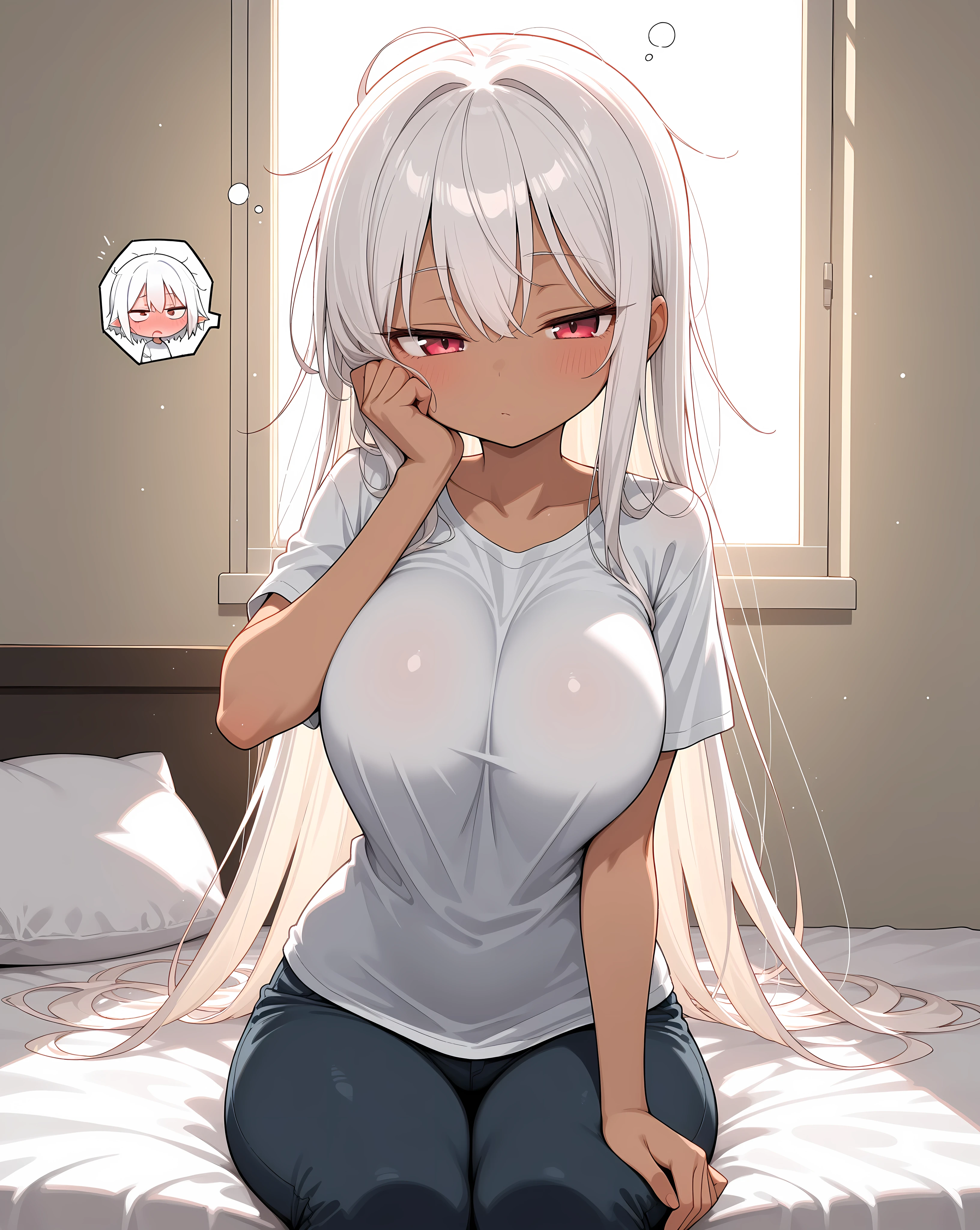 a 30 year old woman with white hair wearing a t-shirt 