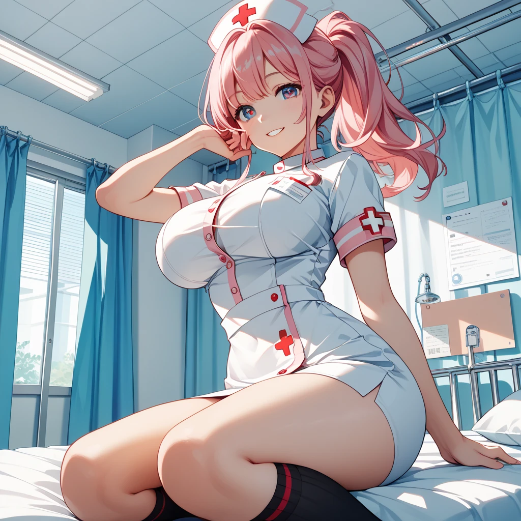 anime girl with big breast posing in a hospital, (nurse uniform, beautiful eyes finely detailed, blushed face), seductive anime girl, smooth anime cg art, oppai, anime moe artstyle, girl in nurse dress, [ 4 k digital art ]!!, thicc, cute anime waifu in a nice nurse dress, (sfw) safe for work, fluffy chest, marin kitagawa fanart, attractive anime girl