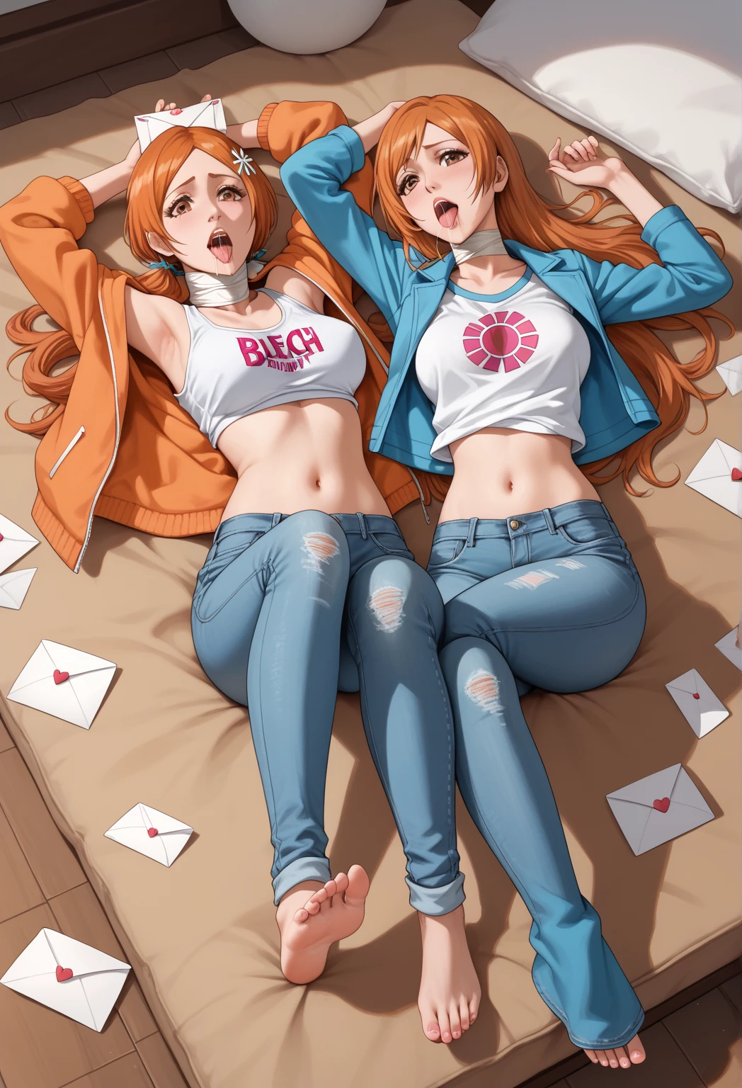 (((2 characters))), ((1guy, jon, a young guy in his 30s with asymmetric very short brown hair, green eyes, a flat nose, smooth skin, slim athletic body)), ((1girl, jennifer lawrence, 1girl, red haired chubby pale girl, green eyes, freckles, half asymetric red hair, cute, nude, small height, stain lipstick, long eyelashes, primer, cream eyeline, ((small breasts)), cute, beautiful, realistic style, highly detailed, 4k, look at camera, highly detailed face,(((full-body))), ((((wearing hoodie, bare legs, (barefoot))))), on bed