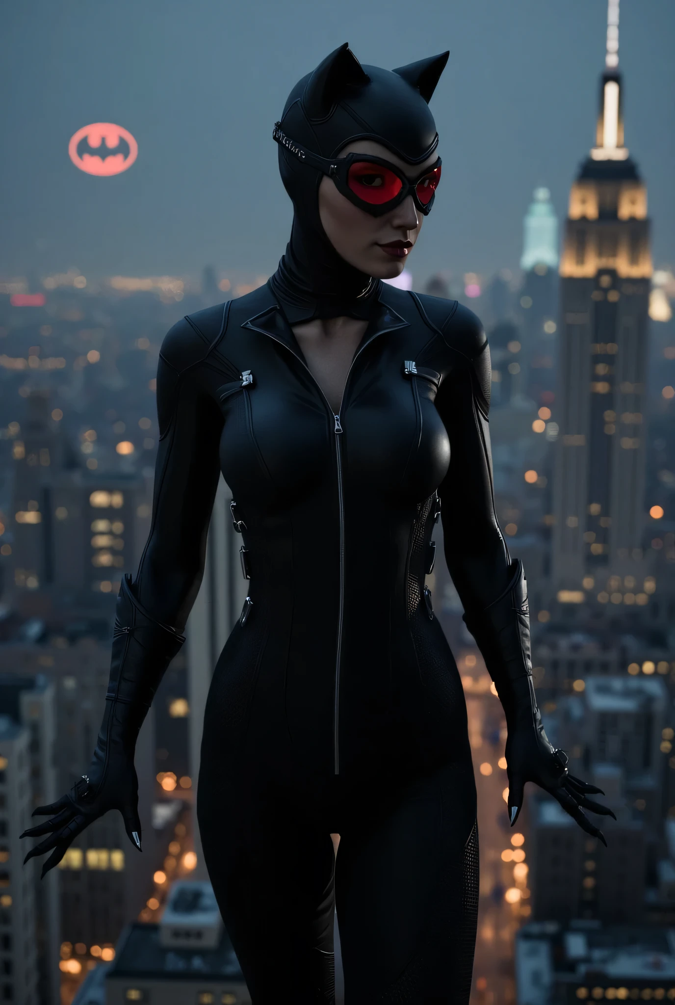 a woman with dressed as catwoman in a black catsuit, tainted red googles on the head, is standing on top of a building by night. A light with the batman sign is projected in the sky