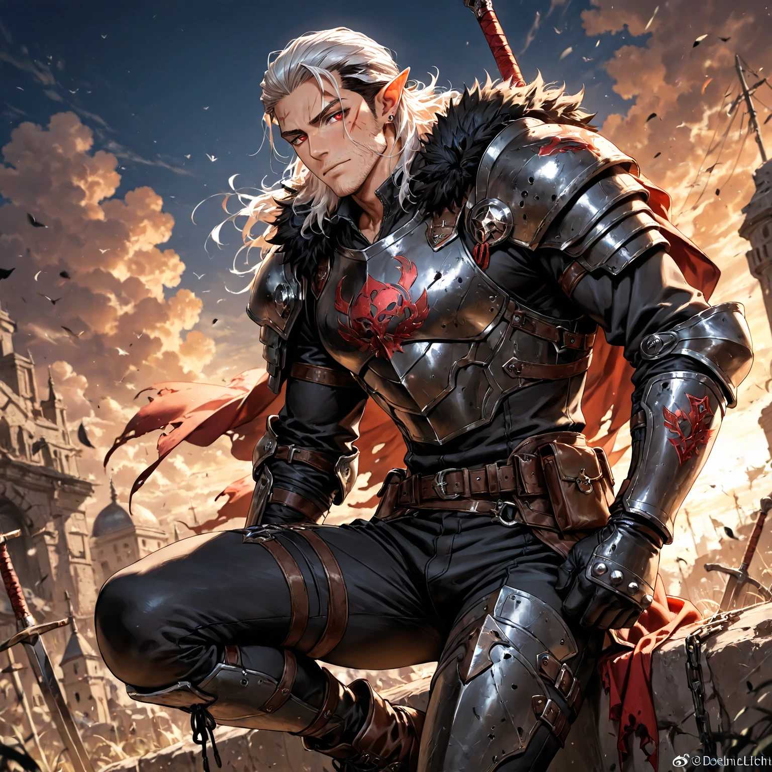 ((Young Men)), Knight, Fluttering Cloak, Ribbon, Silver Western Sword, Sabre, Gauntlet, Elongated Eyes, (((Extremely Clear and Delicate Depiction of Facial Features)))), ((Delicate Eye Depiction)), Dramatic Composition, Film Lighting, Extreme Detail, High Resolution, ((Dynamic Pose))), Silver Armor on Shoulders, Battle Flag Flying, Mist, Dusty, (Fluttering), Floating in the Air, Surrounded by Birds, Bloodstained, Battle Damaged, Wounded, Extreme Detail, High Definition, Depth of Field, Extreme light and shadow, handsome guy, deep eyes, (hair strands are very finely depicted), slightly longer hair