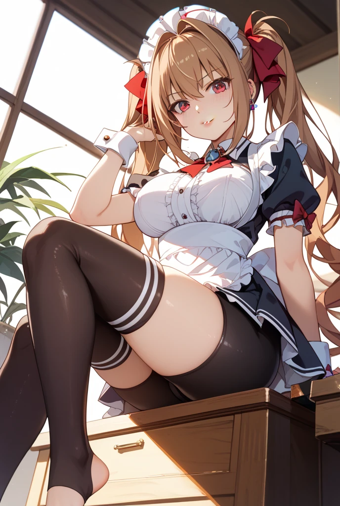 NSFW,masterpiece,Highest quality,High resolution,Super detailed,nekone \(utawarerumono\),Brown Hair、（Red Eye：1.3）、ribbon、Animal Ears、Twin tails、ヘアribbon、Mole、目の下のMole,Small breasts,uniform,kimono,mini skirt,pantyhose,Embarrassed,blush,Expecting face,Seduce,smile,School,classroom,Spoiled