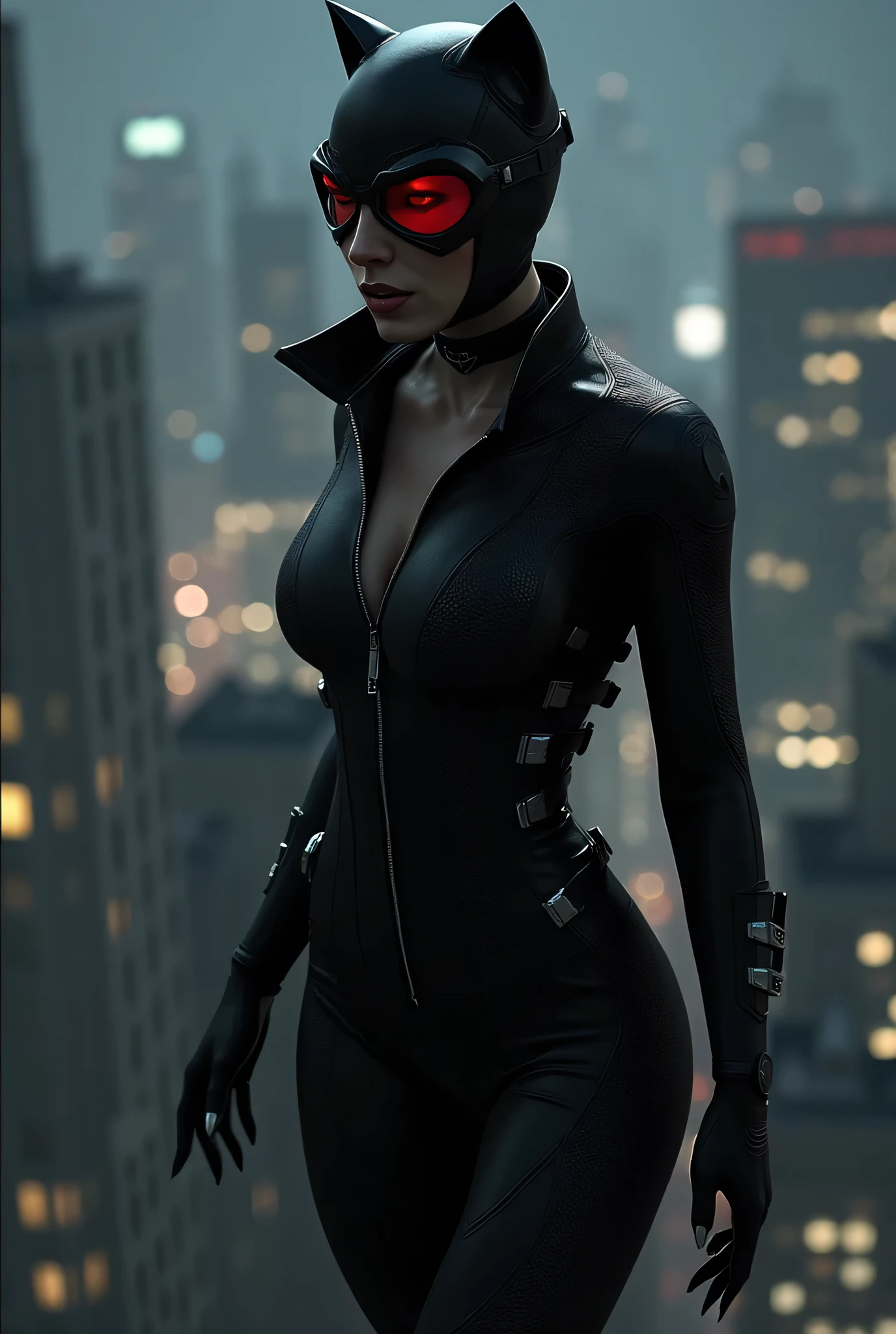 a woman with dressed as catwoman in a black catsuit, tainted red googles on the head, is standing on top of a building by night. A light with the batman sign is projected in the sky