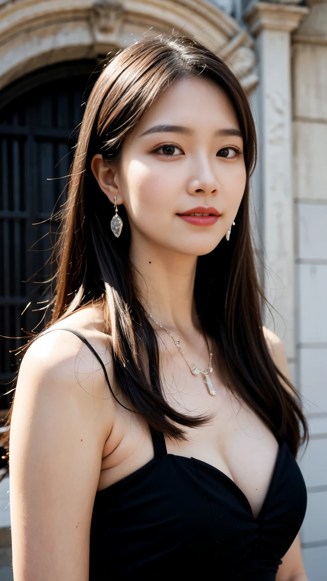 最high quality, masterpiece, high resolution, 1 girl, clear silk porcelain Dress, beautiful face on the castle gate, hair accessory, watching the audience, Smile, close your mouth, lips, Dress, hair accessory, Necklace, jewelry, long hair, earring, beautiful face on the castle gate, on top of her body, Tidal effects, realism, Dark Studio, Edge lighting, Two-tone lighting, ( HIGH DETAIL SKINS : 1.2), 8K ultra HD, DSLRs that define muscles, soft light, high quality, volume lighting, Picture, high resolution 4K, 8k, 100 bodies on a blurry background