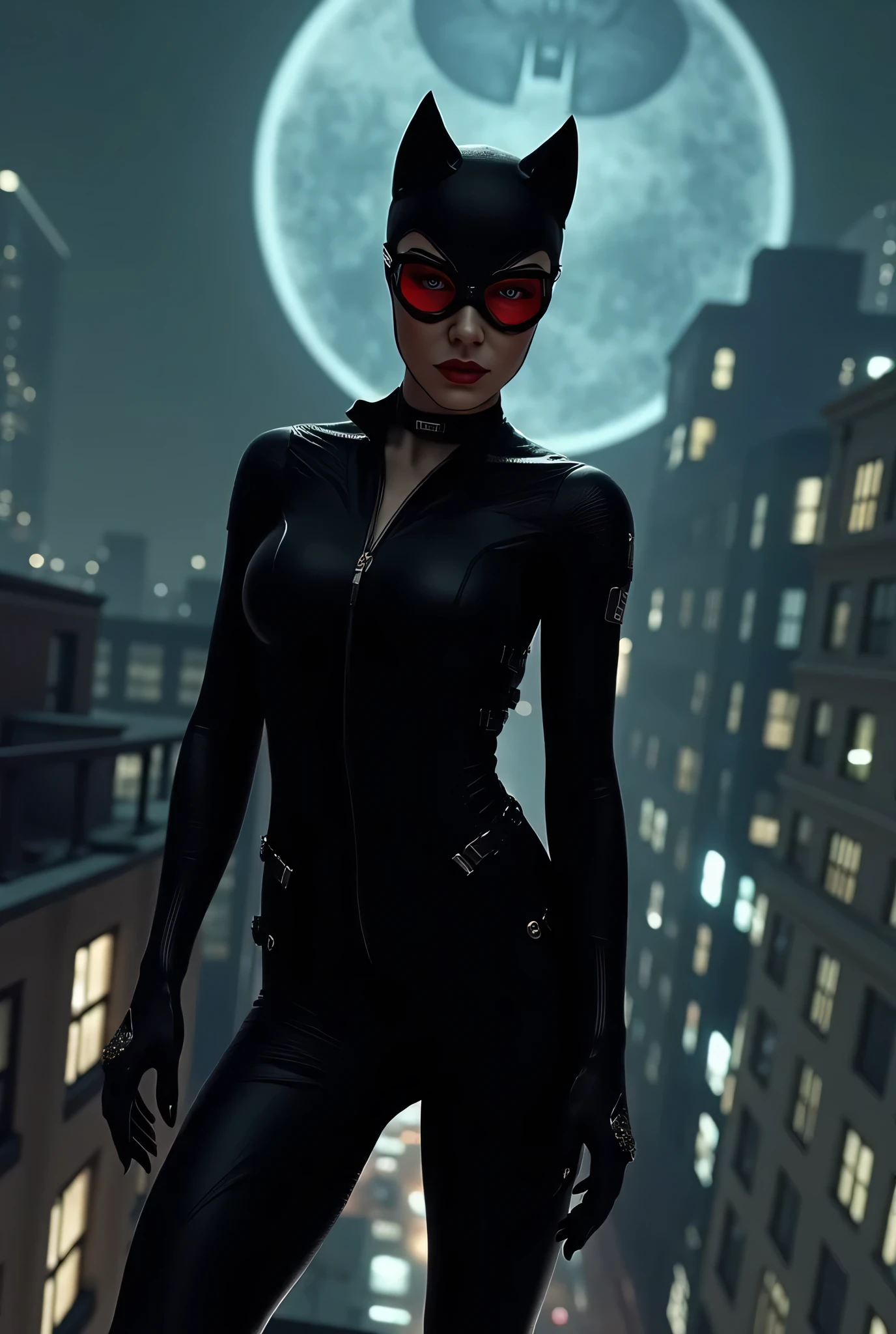a woman with dressed as catwoman in a black catsuit, tainted red googles on the head, is standing on top of a building by night. A light with the batman sign is projected in the sky  