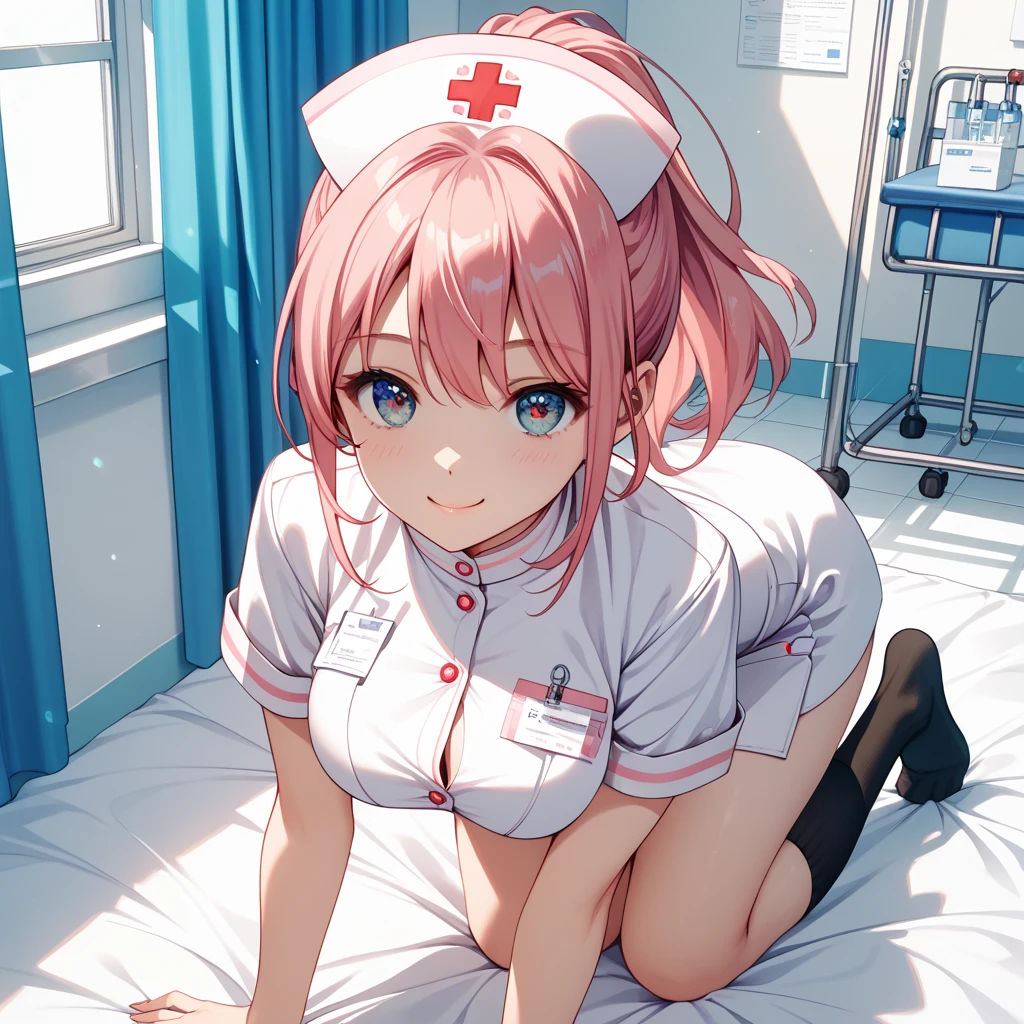 1 girl, Redhead, Facial hair, Red eyes, sexy、??????、High Contrast、cute、highest quality, Very detailed, The most delicate and beautiful, High resolution, (highest quality,4K,8k,masterpiece:1.2)、Thighs、barefoot、Nurse uniform、????????????、黒いNurse uniform、Wooden Flooring、Wooden bed、Bedroom、Home、bed、Simple clothes、Simple design、Doctor Costume