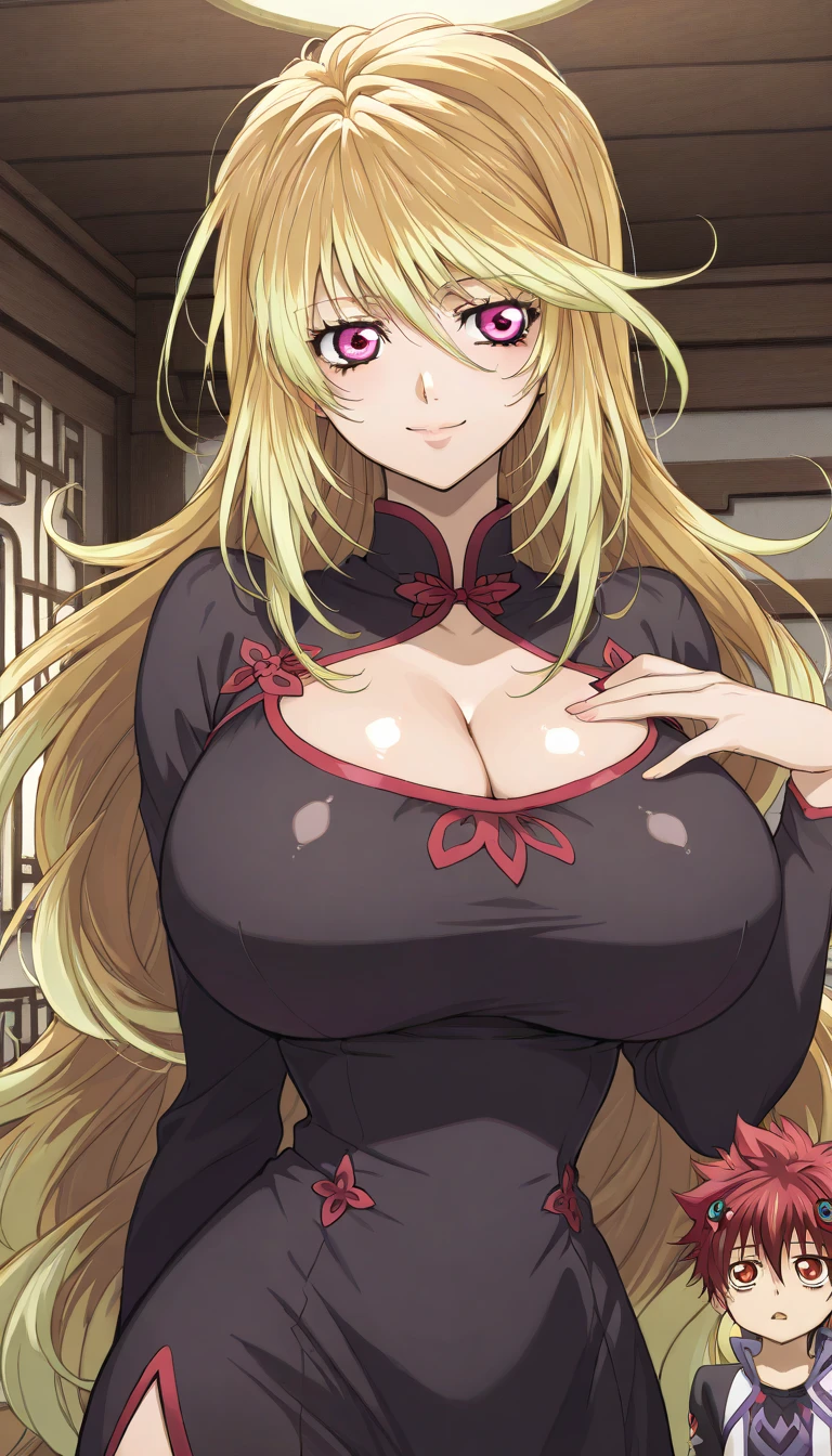 ((highest quality、8k、masterpiece:1.3))、Full body Esbian、1 girl、Beautiful woman with slender abs:1.3、(super huge breasts:1.6), highly detailed face、very white skin、double eyelid、かわいいsmile, yellow eyes, expensive, ribbon headband, diamond necklace, ((silver hair, pink hair, gradient hair:1.2, bangs)), smile, black latex bra, Pleated School Skirt:1.2, nipple erection, bedroom background, (From above), close, Gonzo, paizuri invitation.