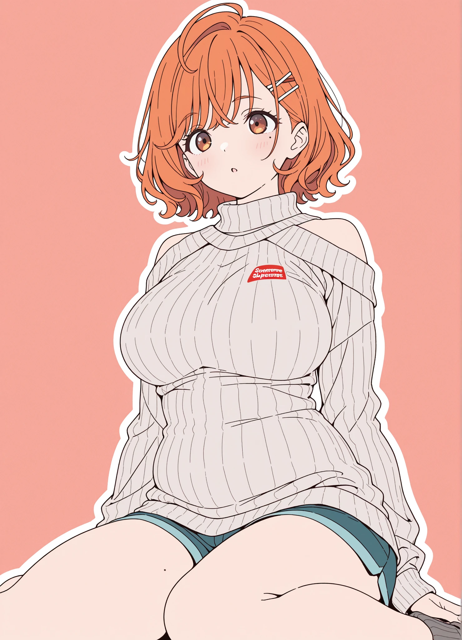(masterpiece, top quality, Great Quality, Supreme Work, complicated details, ridiculous, very aesthetic),beautiful woman,ahoge,{High Definition Skin},(very delicate and 美しい girl),{high resolution},insanely detailed, very aesthetic, absurdres, ultra-highres, ultra-detailed, best quality,solo,solo focus,(white outline:1.3),(Pastel style:1.1),(rich colors:1.1),(tareme:0.8),(Flat color:2.0),
BREAK orange hair,Short bob,Wavy hair. ,Show your ears.  Use hairpins to hold your side hair in place. one hair pins.(A mole under the right eye:1.2,no mole under the left eye:1.2),plump body,large breasts,soft ,
BREAK off-shoulder sweater,(plain sweater:2.0),shorts,wariza,