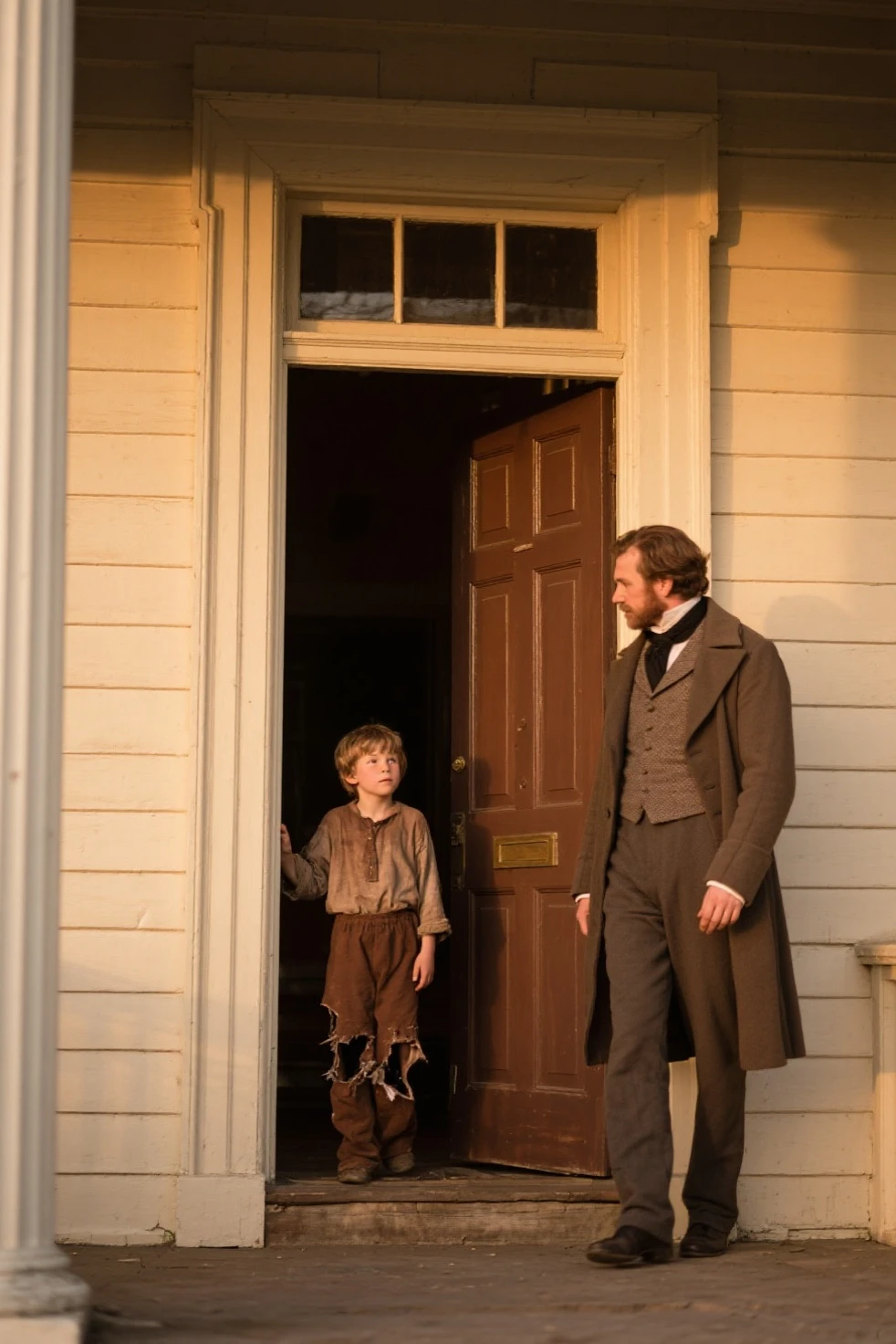 year: 1849. Location: Rock Island, Illinois. Pre-Raphaelite scene with a 31-year-old Richard Madden, talking to his little 6-year-old son, close, hands on his shoulders, outdoors, in front of a house ((((Clothing from the 1840s)))) ((Hairstyle of the 1840s)), ((("OMITB" cinematography)))