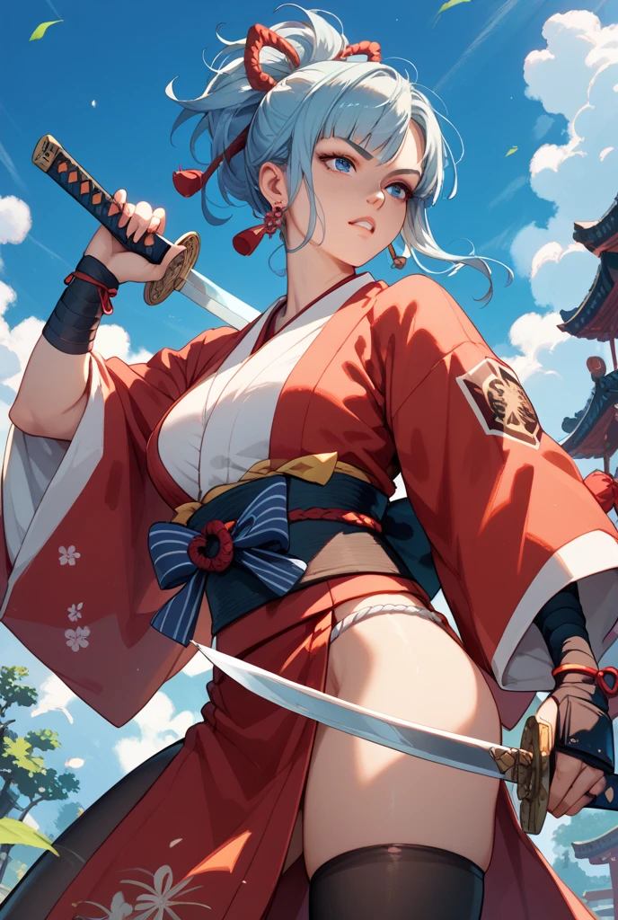 (((((roll up bandage sideways on a chest tightly to cover the chest without gaps))))), (((bandage samweways))),, ((Japanese Gangster BOSS)), adult woman with the dignified presence, Killing Qi, wear nothing around shoulder, wear nothing around neck, wear the kimono, wear it below the waist, I wind it up to control it, and to attach it, ((kimono come off)) ,wear the kimono multiple times, Bare shoulders and the clavicle, black and gold kimono, put on over jacket of kimono, (((holding a japanese sword, The handle of the sword, long sword))), low angle, whole body, anime character, Glaring, off sholder, Excellent, can see both shoulder, long kimono hem, small face, big tattoo on the arm,muscular,drink sake, The kimono is spreading,ultra-detailed,super beautiful,Masterpiece,Killing Qi,Intimidation,zoom up, a person,Selfish person,Ginkgo biloba pattern,Under the trees with autumn leaves,tall,Imposing