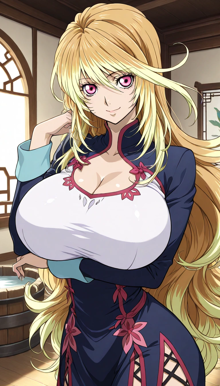 masterpiece, best quality, Princess Peach, big_breasts, blonde_female, blonde_hair, blue_eyes, breasts, cleavage, hair_between_eyes, hourglass_figure, huge_breasts, solo, 1girls, pink kimono, japan, upper body, bedroom, looking_at_viewer, smile