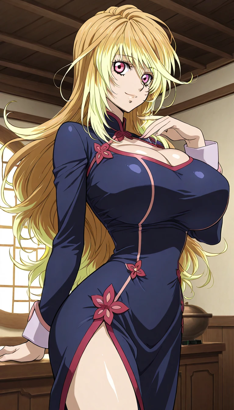 1girl，独奏，Long hair，Chest，Smile，blond，大Chest，Simple background，White background，Cleavage，Purple Eyes，whole body，Bathrobe，sandals，粉色Bathrobe