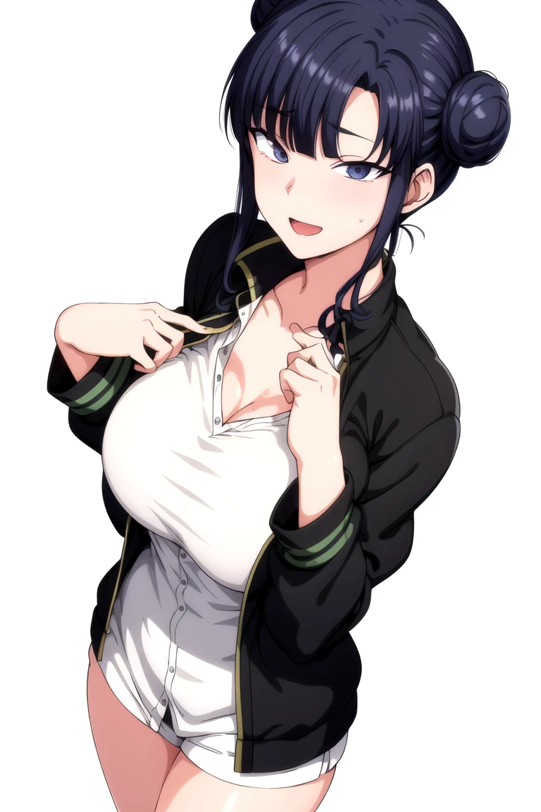Off-the-shoulder attire,looks into camera,The upper part of the body,Black color hair,cleavage,track suit,