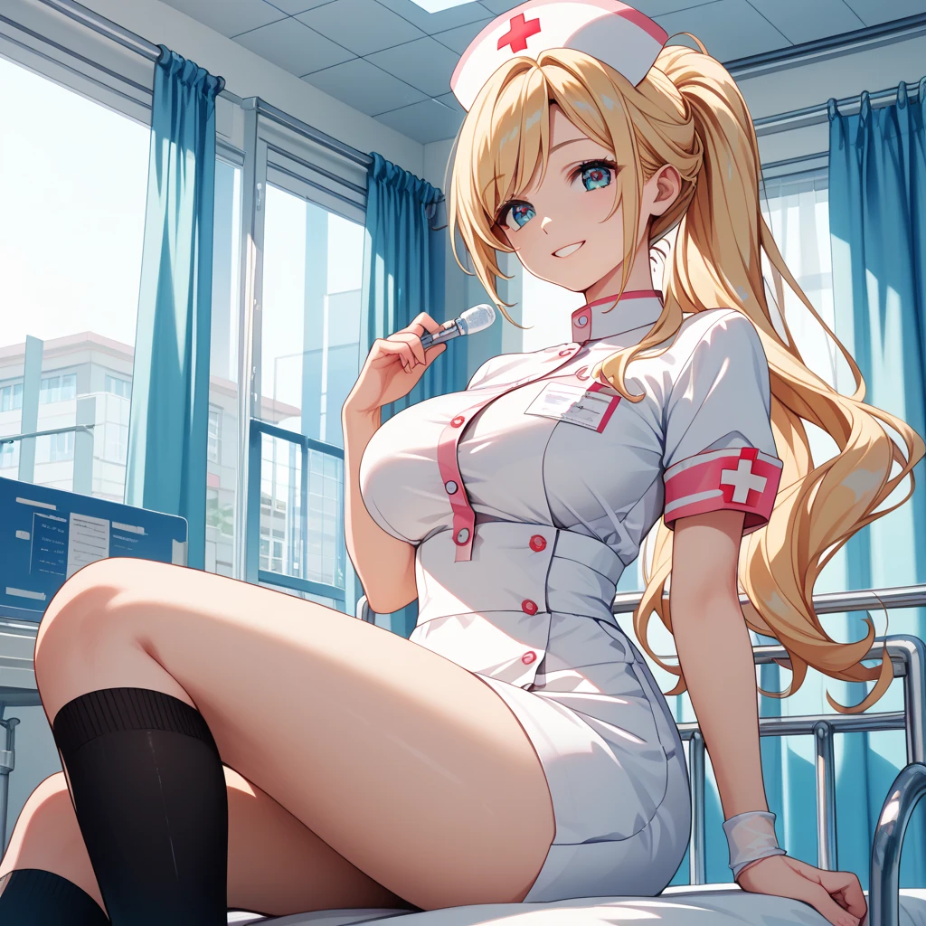 1girl in, (Solo:1.2), (Beautiful and detailed eyes description), (beautiful and detailed face), Perfect female body, neat figure, Slender waist, (Young Girl), (20 years old), Long hair, Platinum Blonde Hair, Two-side-up,Very big eyes, Blue eyes, medium , blush, Shy, watery lips, Nurse, (nurse dress), Nurse Cap, Unbuttoned, (White Gloves:1.2), (White pantyhohigh-heels, a necklace, Hospital bed, White curtains, Sunlight, hand between legs, Straddle the camera, Squatting, (Best Quality), (ultra-detailliert), (masuter piece), (hight resolution), (Original), (the Extremely Detailed CG Unity 8K Wallpapers), Character Design, Game CG, Detailed Manga Illustration