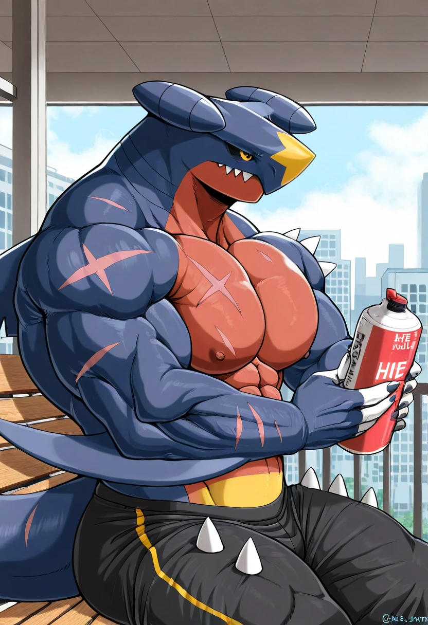 Muscular blue shark, pollen, with scars, black open cut sleeveless shirt, red underwear
