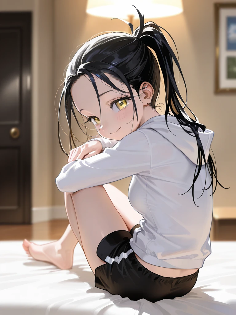 (Rapaz jovem),imagem 1:6,serious look,(olhos pretos), ((black messy hair)),great quality, (cotovelos sobre as pernas,curvado),"Uma sala de estar aconchegante", imagem em hd,poor lighting inside