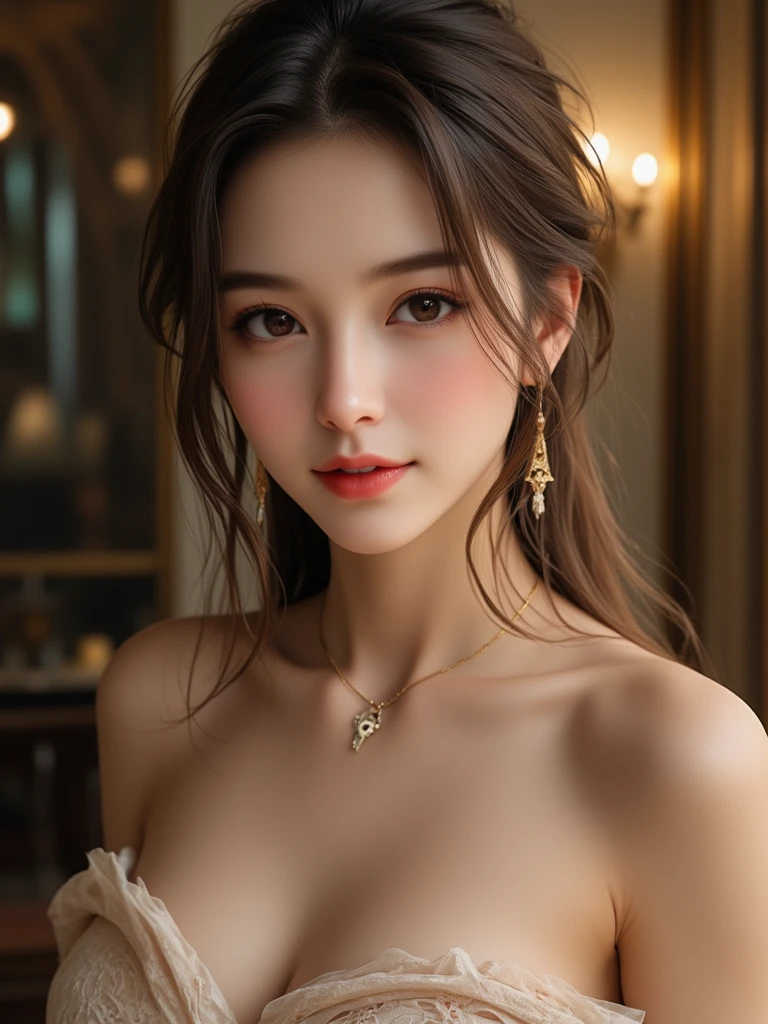 Urban beautiful girl college student, masterpiece, light makeup, red lips, silver hair, messy long hair, street background, beautiful, elegant. super fine details, master works, authentic texture, cinematic lighting realism, perfect job, 16K, hd, exquisite features,blue eyes、japanese idol、Beautiful Face、cute smile、brown hair、beautiful hair、Stylish hair style,glamorous、 big breasts、erect nipples、Oily muscle、shiny skin、tanned skin、Black glowing skin、Wearing a bathrobe in the bathroom, bright big eyes, smooth skin, earrings, necklace, tattoo