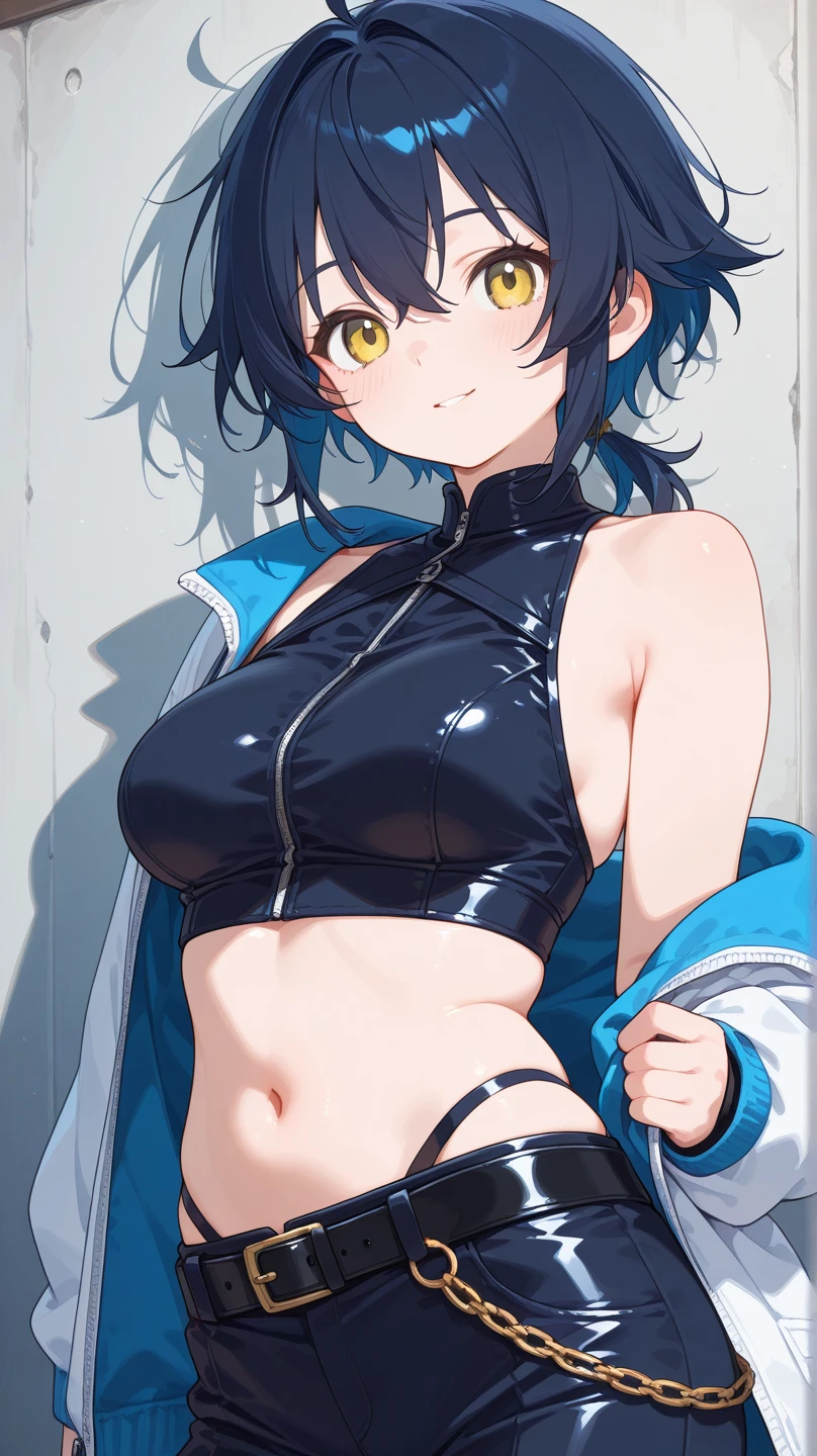 Girl, blue hair, blue eyes, short hair, flowers earrings, freckles, big , dark blue bikini standing, hands on back, smiling